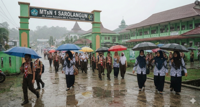 Hujan Deras Tak Halangi Aktivitas Belajar di MTsN 1 Sarolangun Hujan Deras Tak Halangi Aktivitas Belajar di MTsN 1 Sarolangun