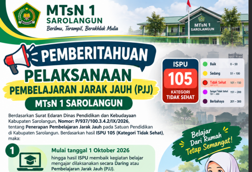 MTsN 1 Sarolangun Terapkan Pembelajaran Jarak Jauh Akibat Polusi Udara MTsN 1 Sarolangun Terapkan Pembelajaran Jarak Jauh Akibat Polusi Udara
